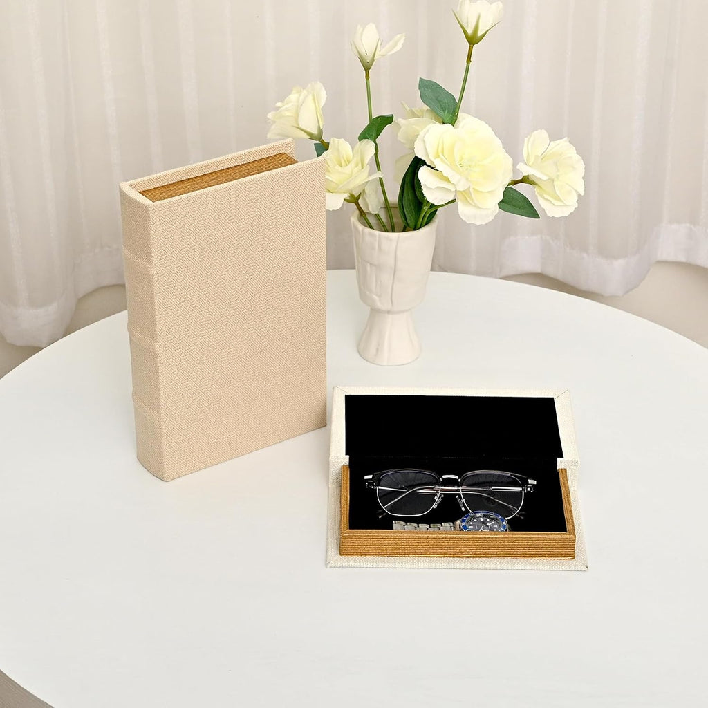 Decorative Faux Book Storage Boxes Set of 2, Linen Fabric Textured Books