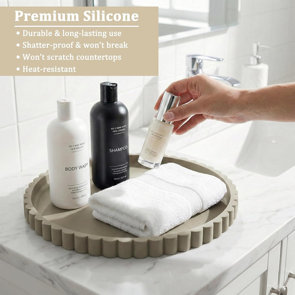 Silicone Bathroom Vanity Tray, Modern Round Decorative Tray for Countertop, Waterproof & Unbreakable Cosmetic Perfume Organizer, Extra-Thick & Sturdy, Easy to Clean Candle Tray (Khaki, 10 inch)