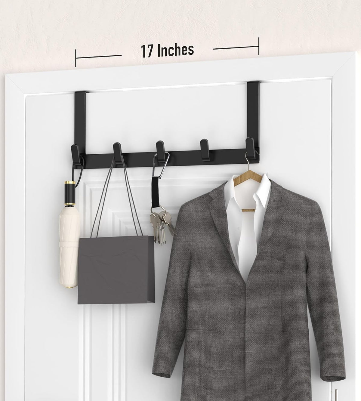 KitchLife Over The Door Hooks - Heavy Duty 5-Hook Organizer, 80lb Total Capacity for Robes, Coats & Towels, Fits 1 3/4" Doors, L18U, Gap-Free & Scratch-Free Design, Matte Black,1-Pack