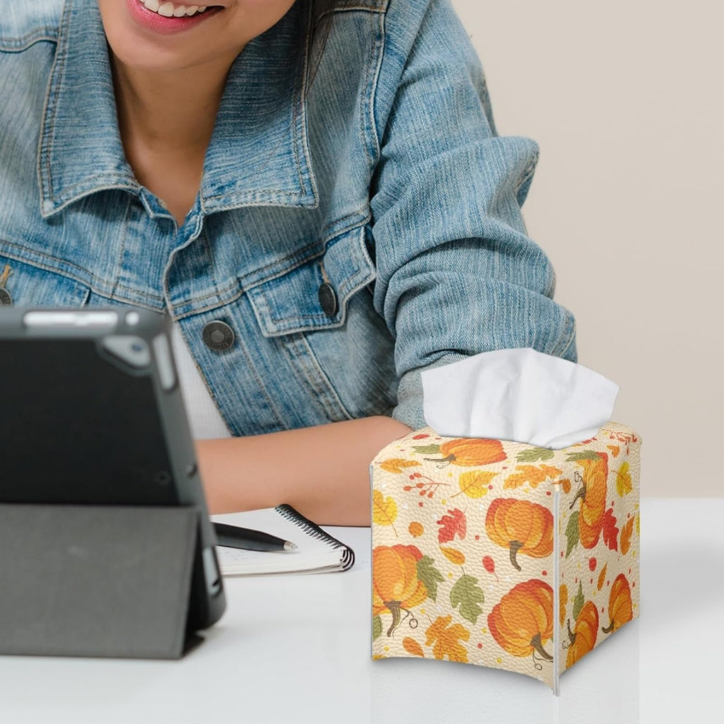 Pumpkin Maple Leaf Tissue Box Holder Square Tissue Holder Organizer Modern Napkin Cover for Bedroom Dresser Night Stand Office Desk PU Leather Decorative Organizer Thanksgiving Home Decor