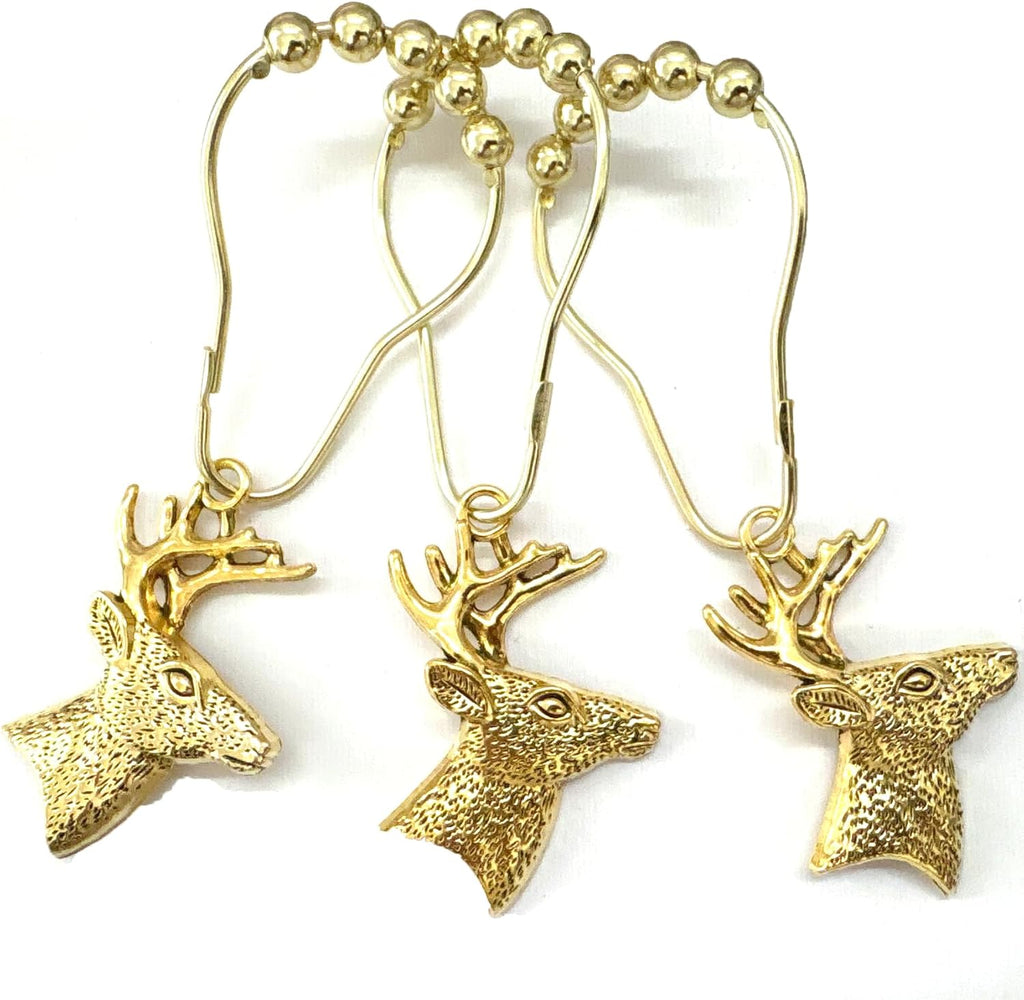 Set of 12 Deer Shower Curtain Hooks Rings Rustic Cabin Bath Christmas Theme Decoration Reindeer Antlers Stag Woodland Stainless Steel Rustproof (Gold)
