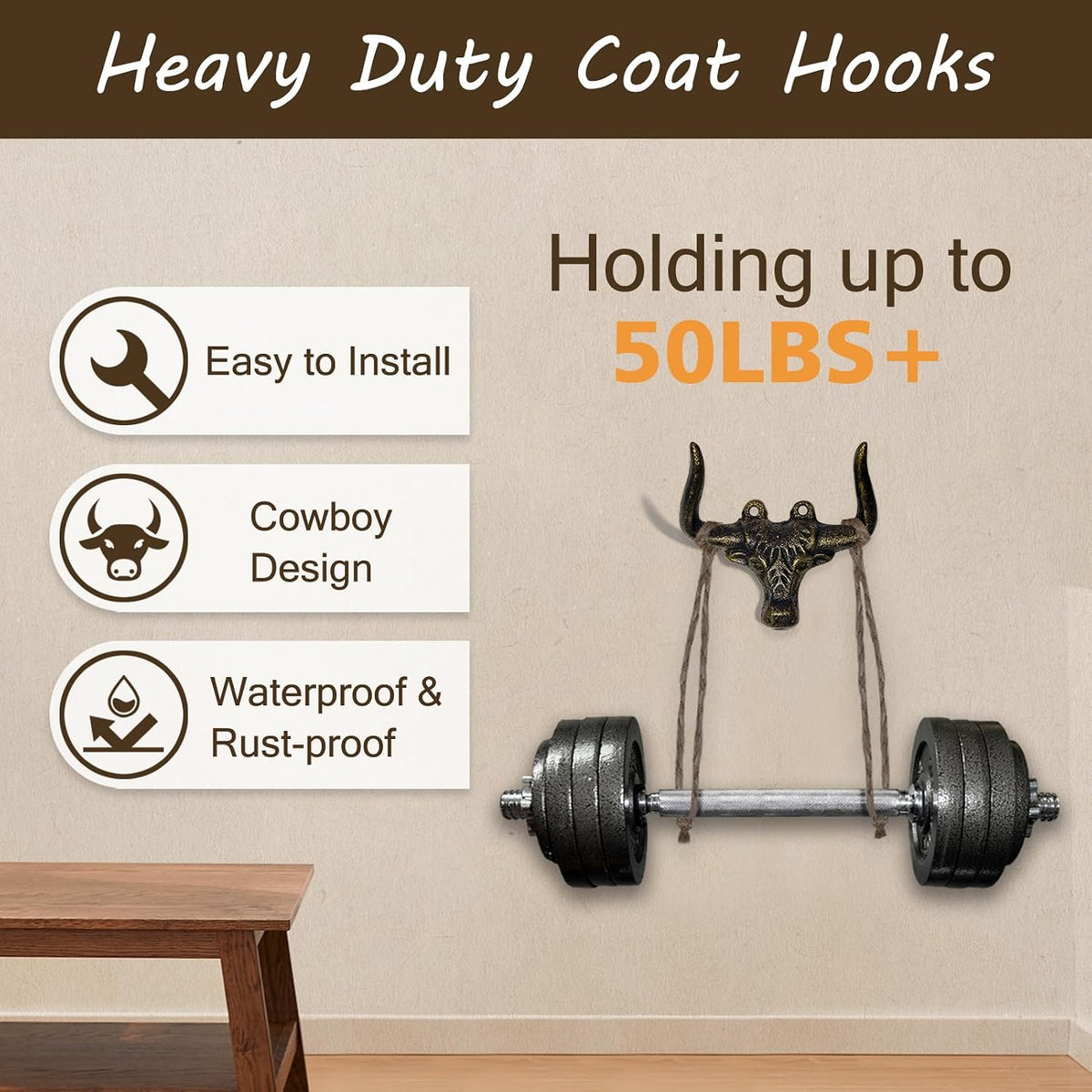 Cast Iron Wall Mount Hook – Bull Bronze, 1 Pack – Vintage Rustic Coat Hook for Entryway, Bathroom, Kitchen, or Bedroom