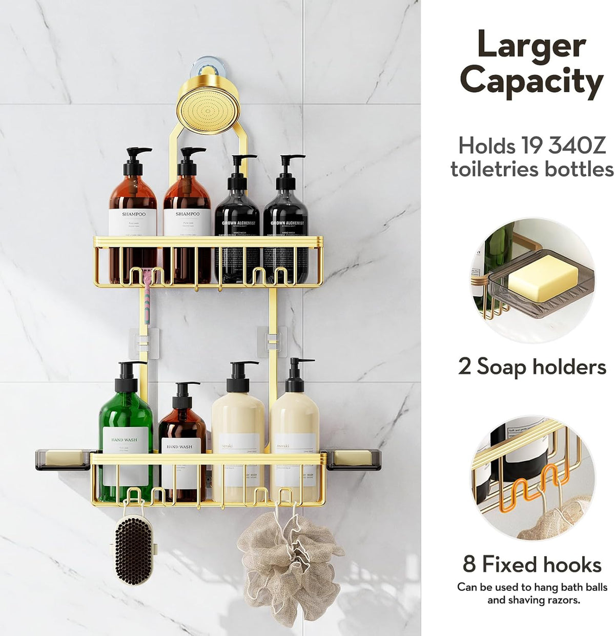 Shower Caddy Hanging, Never Rust Shower Organizer Hanging, Aluminum Shower Racks for Inside Shower with Hooks for Razor, Bathroom Organizers and Storage with Soap Holder, Gold