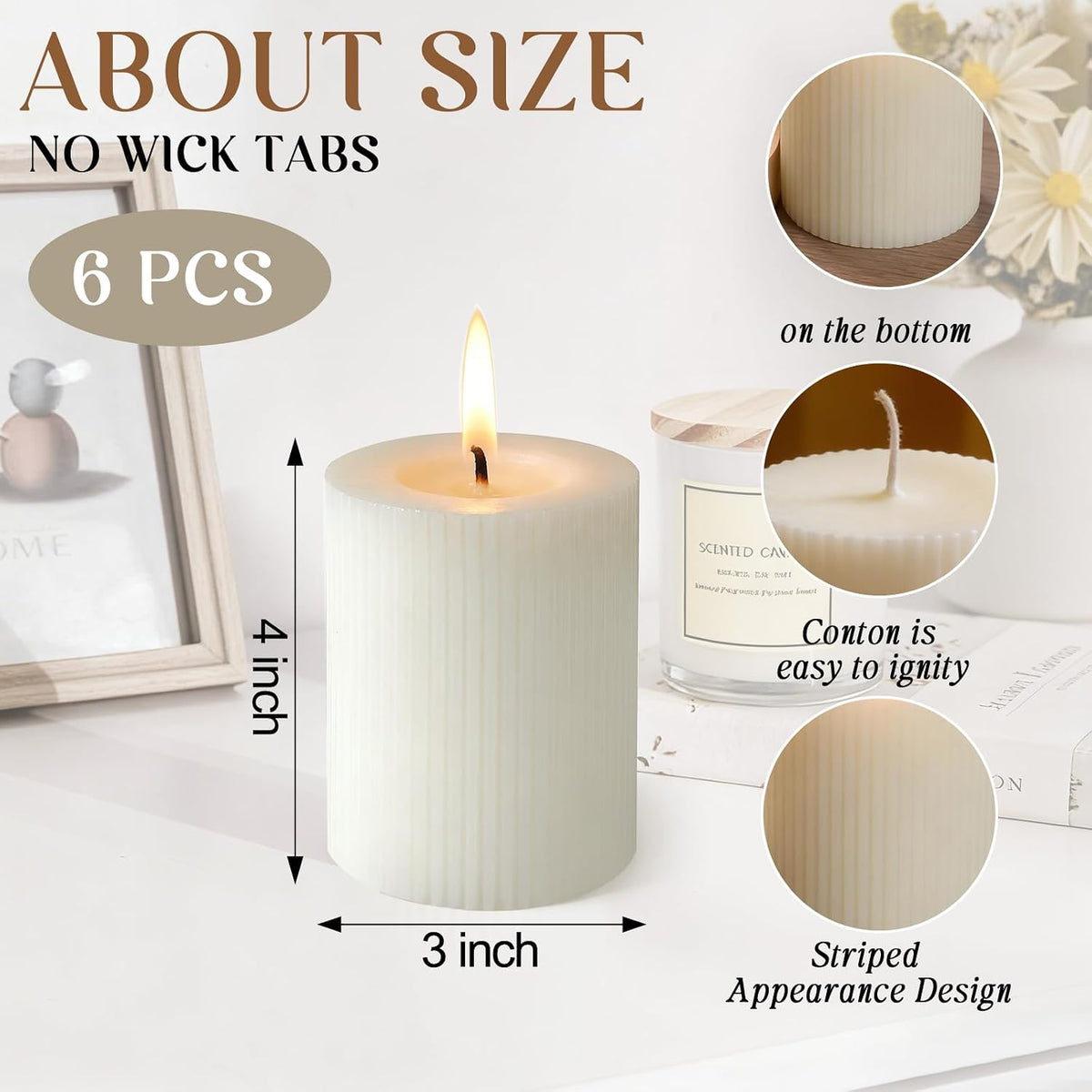 Ribbed Pillar Candles 3x4 Inch 6 Pack White Soy Candles
