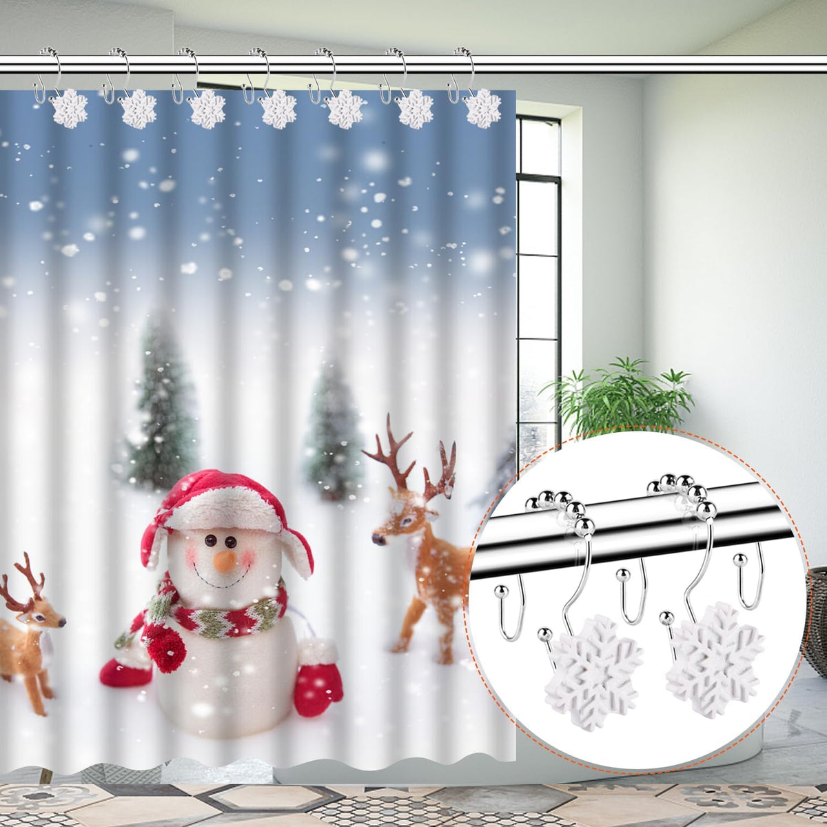 Snowflake Double Shower Curtain Hooks, 12 PCS Christmas Double Slide Shower Curtain Hooks Rings for Winter Decoration in Bathroom and Living Room