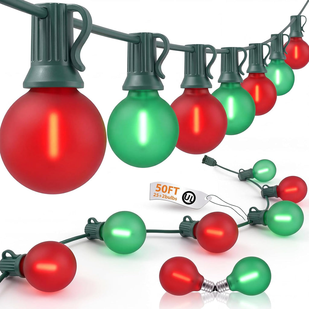 G40 LED Outdoor Christmas String Lights 50FT Hanging Globe String Light with 27 LED Shatterproof Frosted Red Green Lights(2 Spare), Waterproof Patio String Lights for Balcony Backyard Pergola Decor