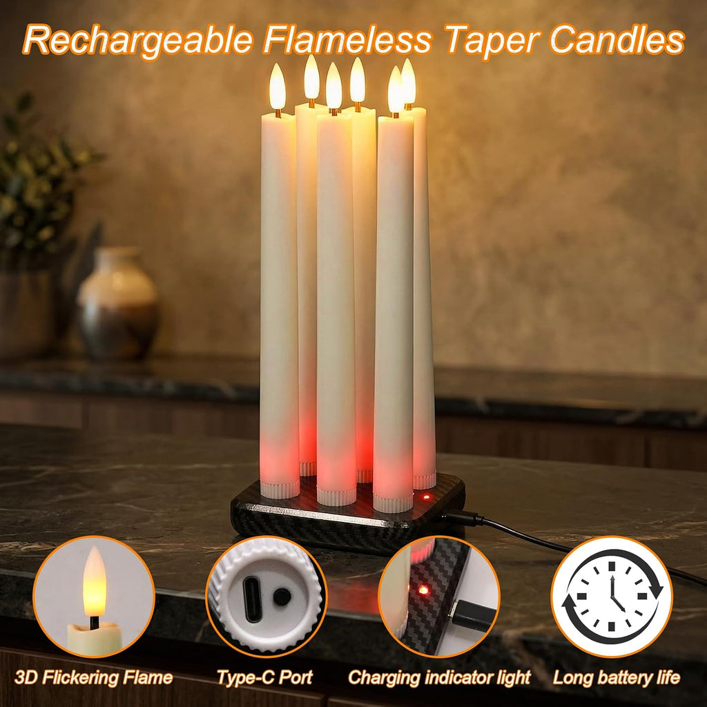 GenSwin Rechargeable Flameless Taper Candles with Charging Base Remote