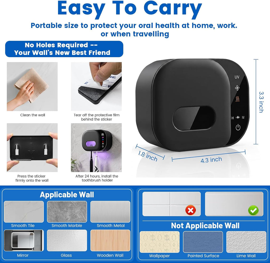 Toothbrush Holder for Bathroom, Infrared Sensing Toothbrush Cleaner with 2 Slots for Most Toothbrush Sizes, Wall Mounted Tooth Brush Holder with LED Smart Display & Hot Air Drying for Travel (Black)