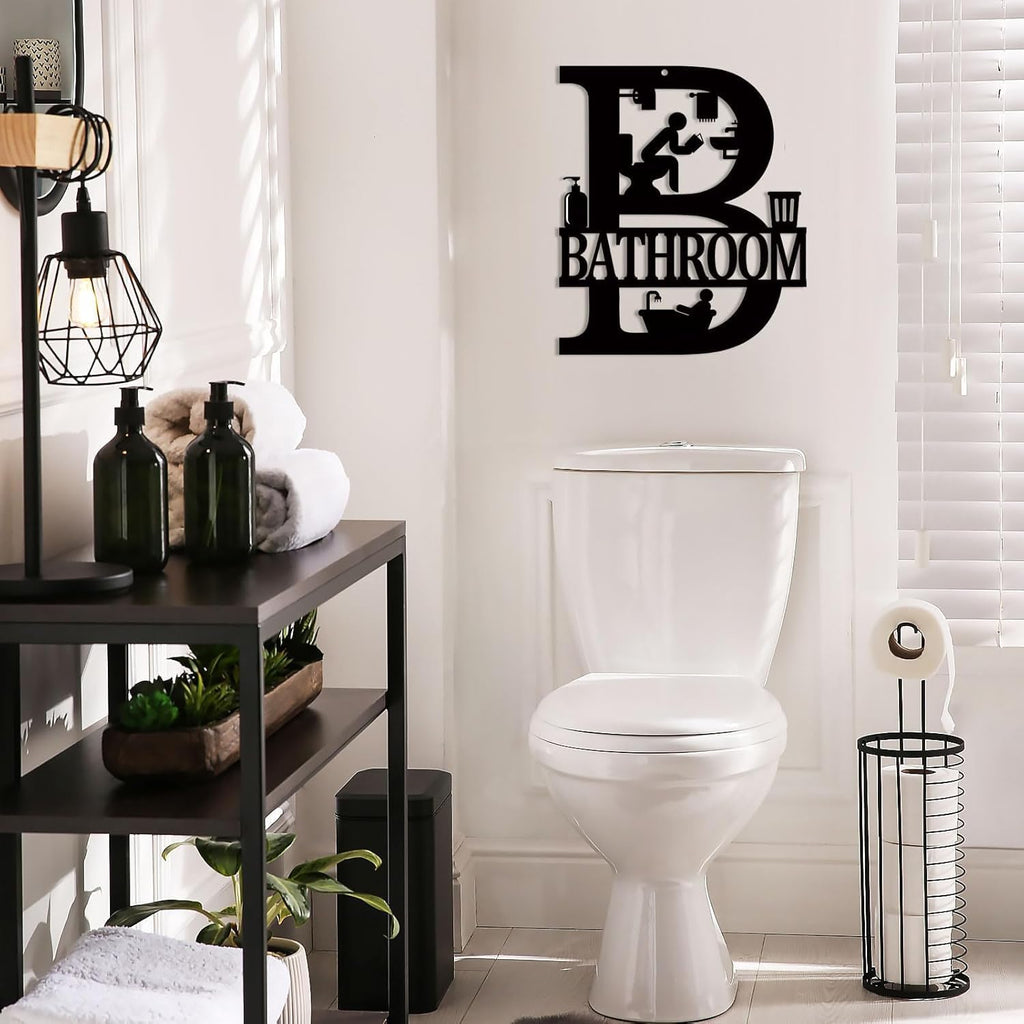 Metal Bathroom Signs Wall Decor, 12x14 Inch Black Bathroom Wall Art, Farmhouse Funny Restroom Sign for Modern Home Decoration Gift for Housewarming