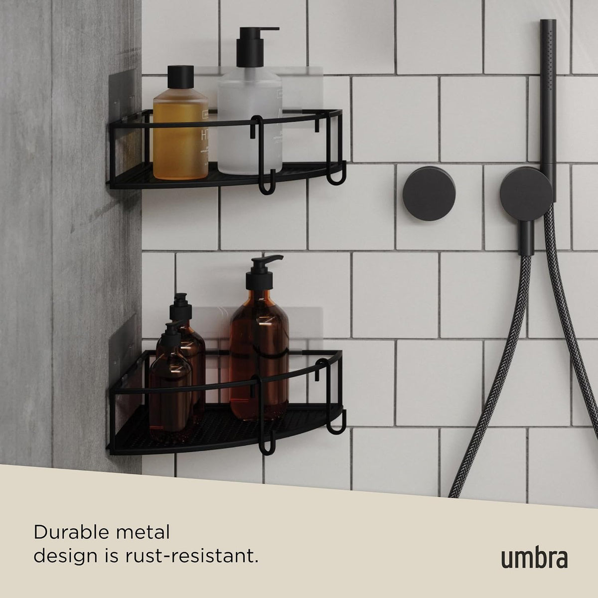 Umbra Cubiko Shower Caddy, Metal Corner Shelf with Adhesive, Black