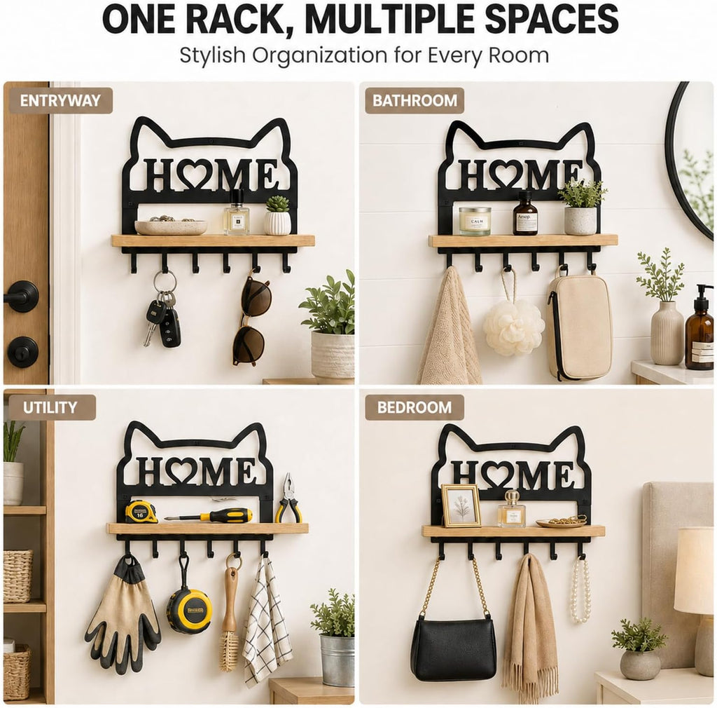 Cat Key Holder for Wall. Decorative Floating Wooden Shelf with 8 Metal Hooks, Wall Storage Rack for Entryway Hallway, Gift for Cat Lovers
