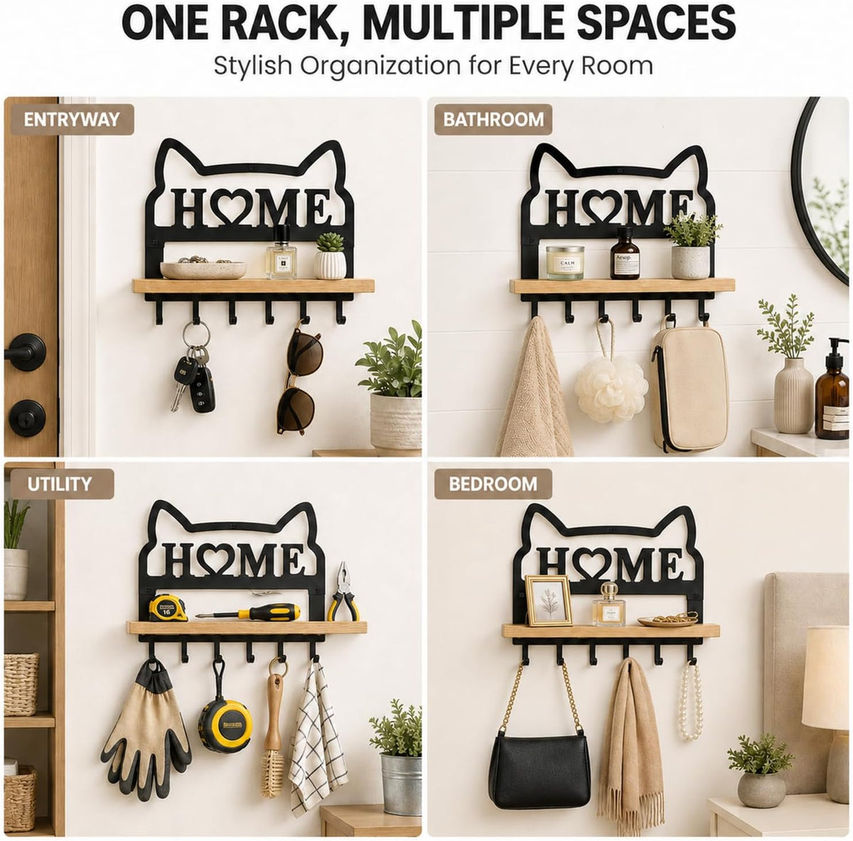 Cat Key Holder for Wall. Decorative Floating Wooden Shelf with 8 Metal Hooks, Wall Storage Rack for Entryway Hallway, Gift for Cat Lovers