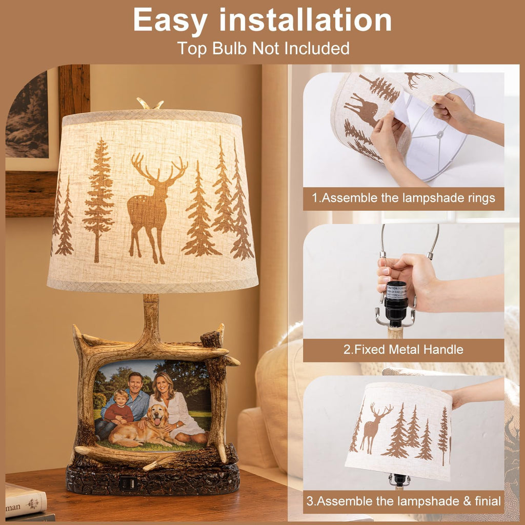 Dungoo 23" Rustic Antler Table Lamp with Picture Frame Lamp with USB-C Port
