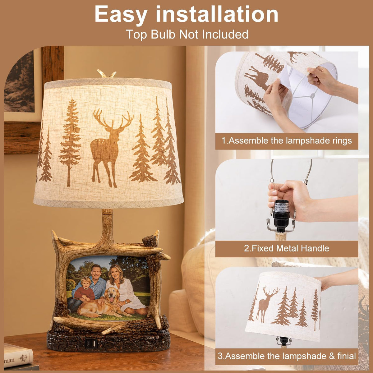 Dungoo 23" Rustic Antler Table Lamp with Picture Frame Lamp with USB-C Port