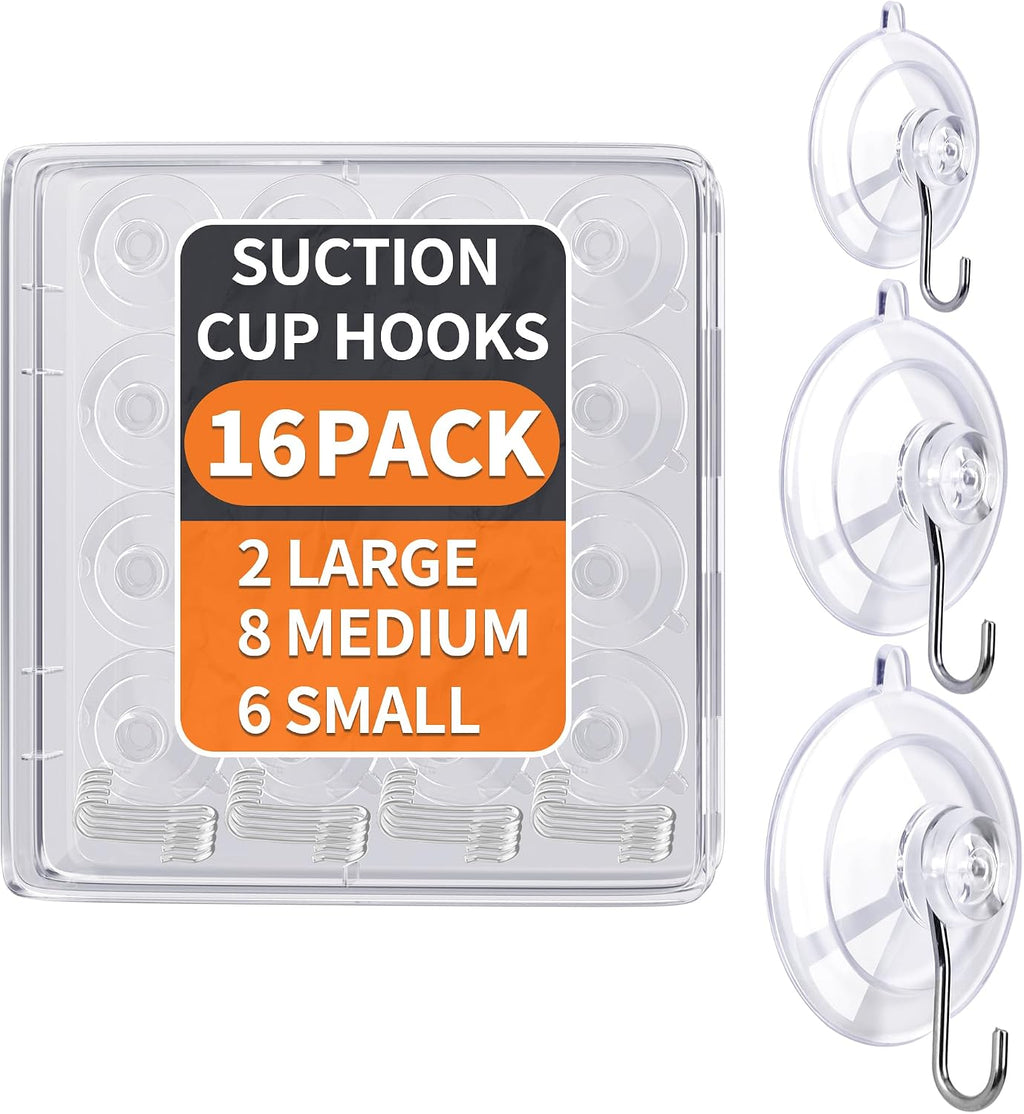KORCCI Suction Cup Hooks 16Pack Assorted Size- 6 Small 8 Medium 2 Large, Clear Suction Cup, Stainless Steel Hook, No Trace, Reusable & Removable, for Tile, Glass, Window, Shower, Kitchen, Bathroom
