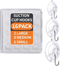KORCCI Suction Cup Hooks 16Pack Assorted Size- 6 Small 8 Medium 2 Large, Clear Suction Cup, Stainless Steel Hook, No Trace, Reusable & Removable, for Tile, Glass, Window, Shower, Kitchen, Bathroom