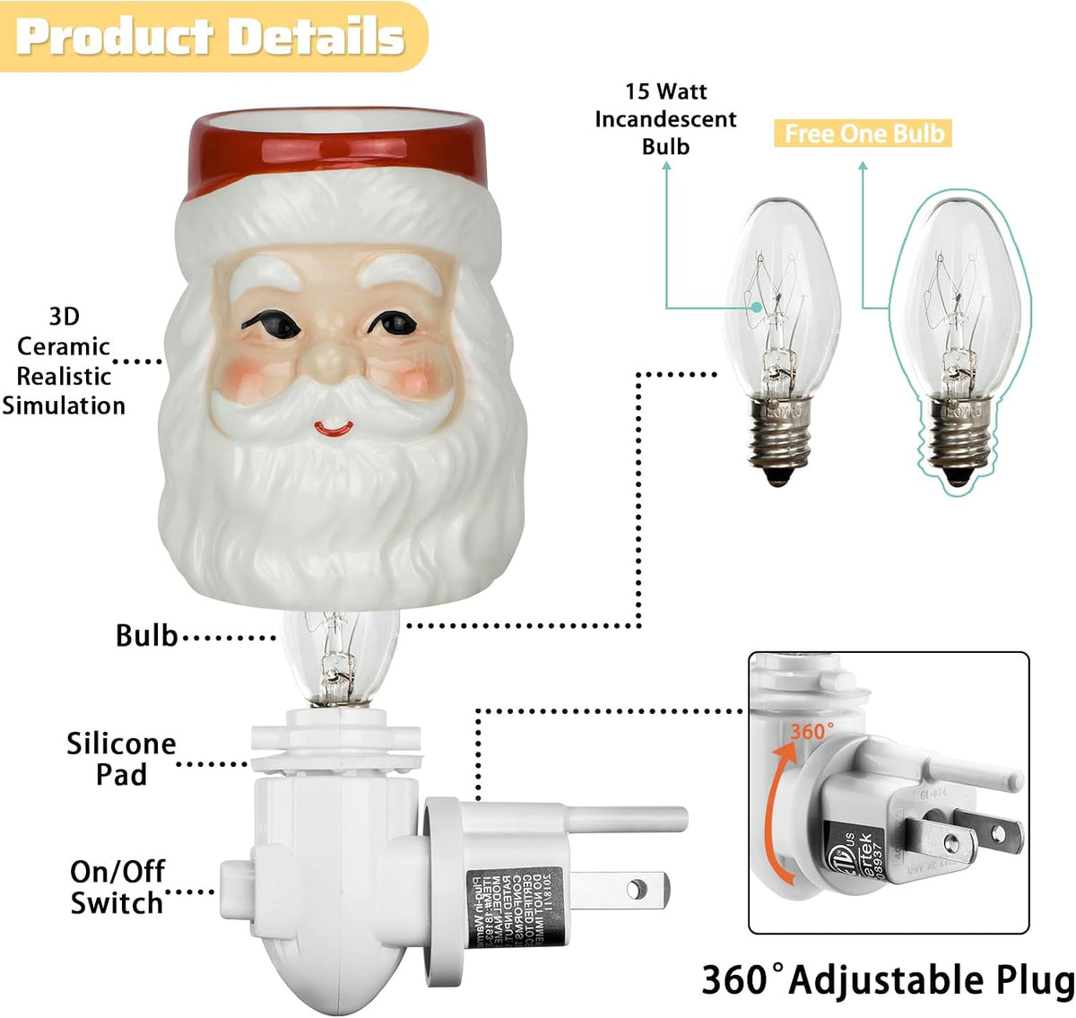 STAR MOON Christmas Wax Melt Warmer, Santa Claus Plug in Wax Warmer, Scentsy Warmer for Fragrance Oil, Night Light Wax Burner Decoration with Two Bulbs