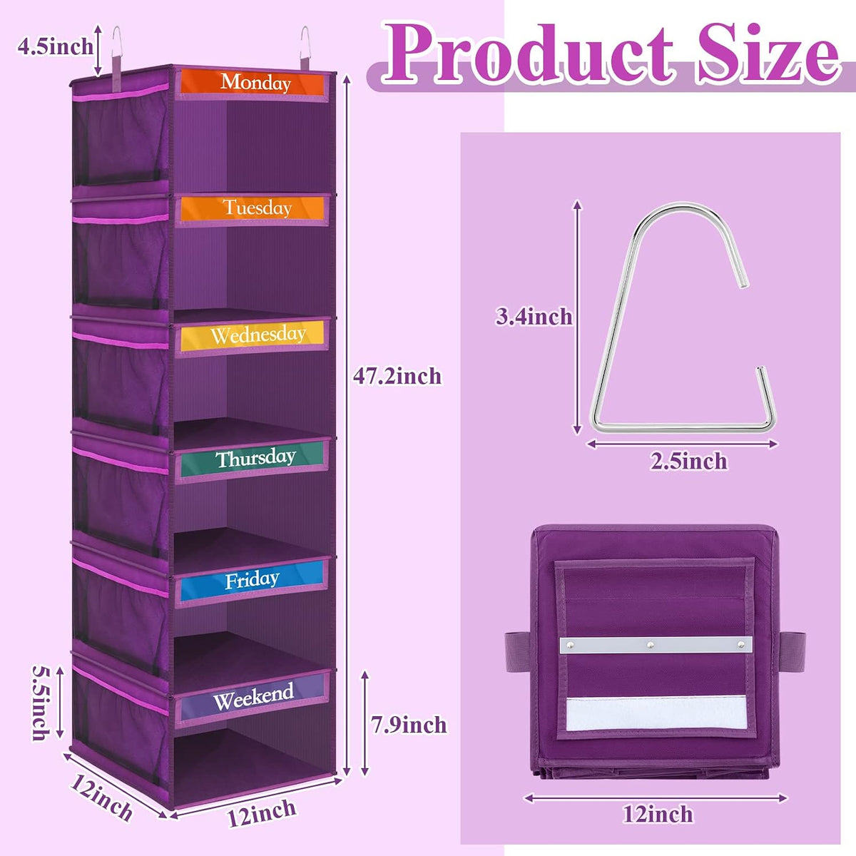 Amylove 2 Pcs 6 Shelf Hanging Weekly Clothes Organizer for Kid,Purple