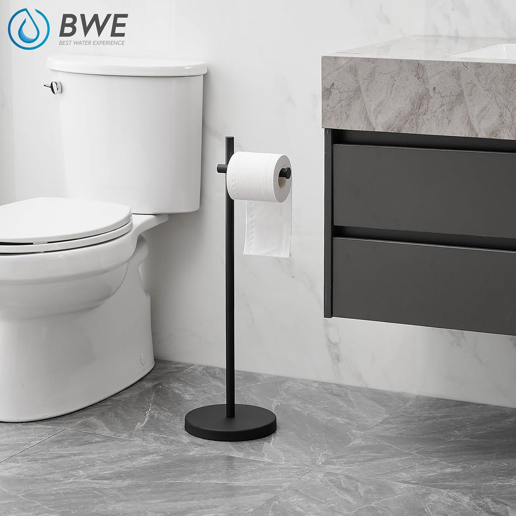 BWE Black Free Standing Toilet Paper Holder for Bathroom Tissue Storage