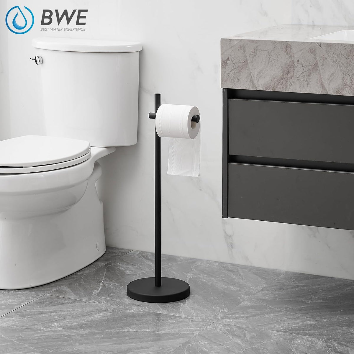 BWE Black Free Standing Toilet Paper Holder for Bathroom Tissue Storage