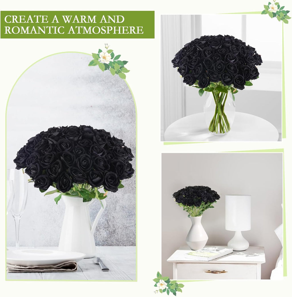 Hananona 50 Pcs Artificial Roses, Realistic Silk Black Flowers Bulk