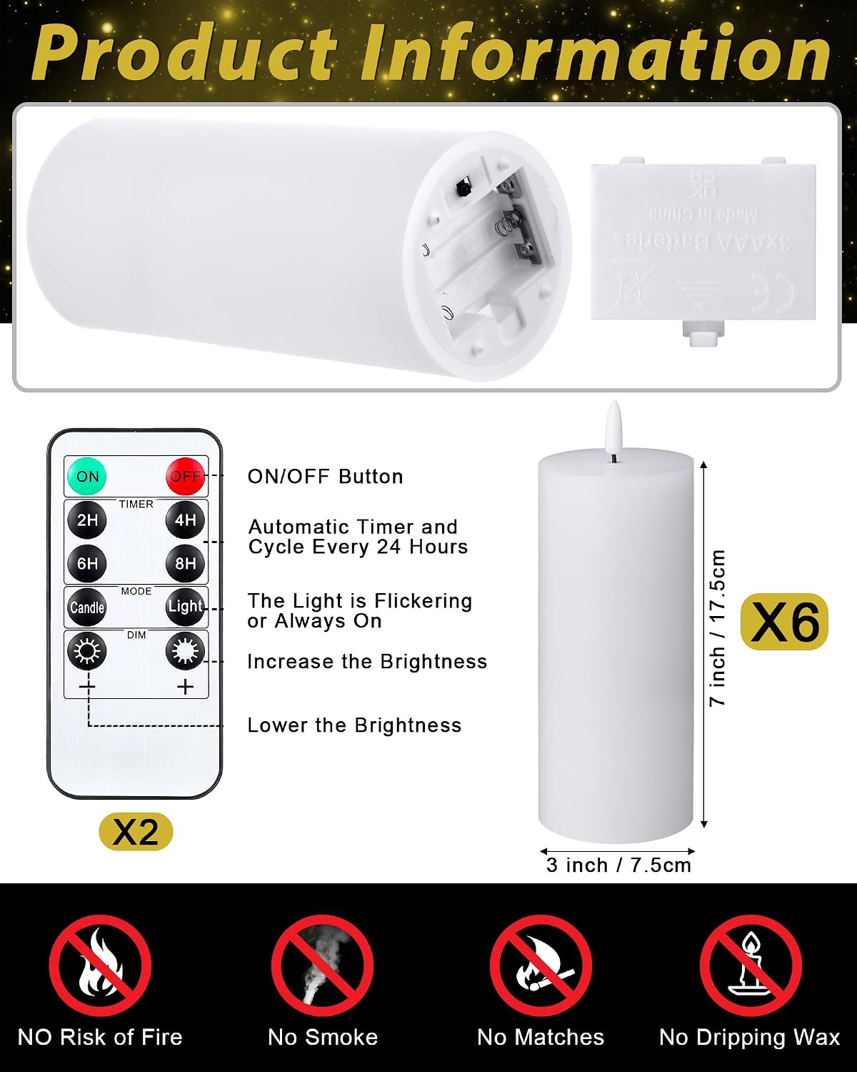 VIHOSE 6 Pack White Flameless Candles Set with Remote and Timer Flickering Flameless Battery Candles LED Pillar Flat Top for Wedding Outdoor Home Festival Decoration(D 3" H 7")