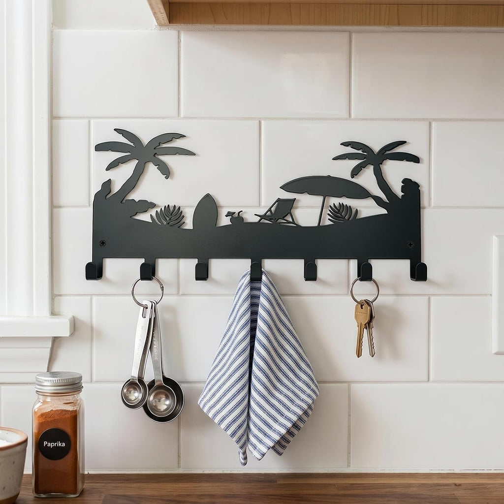 Coastal Metal Palm Tree Key Holder Wall Mount, Tropical Beach Key Hanger