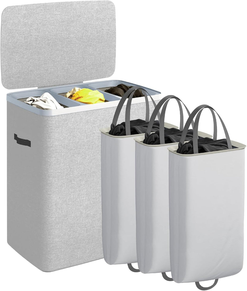 CASAMAYA Laundry Basket with Lid, Laundry Hamper 3 Section, 190L collapsible Laundry Organizer, Easy Assembly, with Handles and Removable Liners, 25.2 x 15.7 x 29.5 Inches, Gray JSP904G