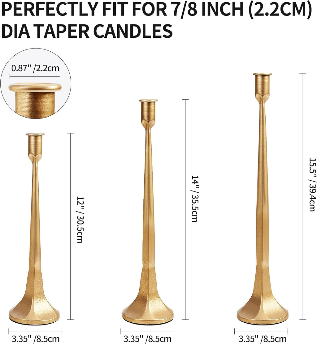 Iron Taper Candle Holder Set of 3 15.5" 14" 12" Decorative Modern Vintage Metal Tall Candlestick Holders for Wedding, Dinning Table,Mantle, Party Decoration（3, Antique Brass）