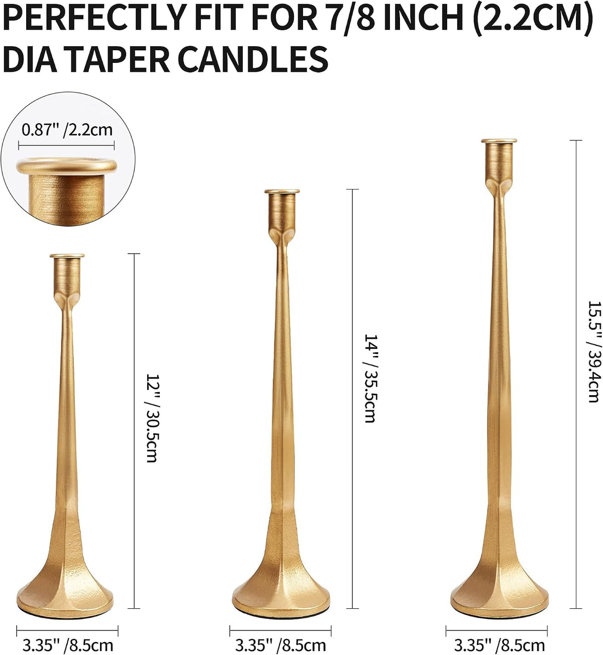 Iron Taper Candle Holder Set of 3 15.5" 14" 12" Decorative Modern Vintage Metal Tall Candlestick Holders for Wedding, Dinning Table,Mantle, Party Decoration（3, Antique Brass）