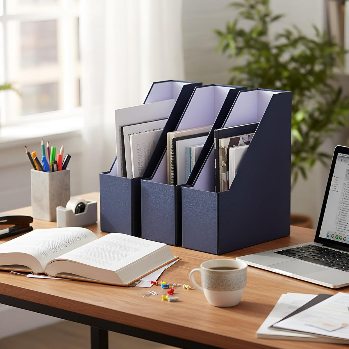 Gueevin Set of 6 Magazine File Holders, Sturdy Cardboard Desk Magazine Organizer with Gold Label Slots, Foldable File Folder Rack for Home Office Classroom Library(Blue)