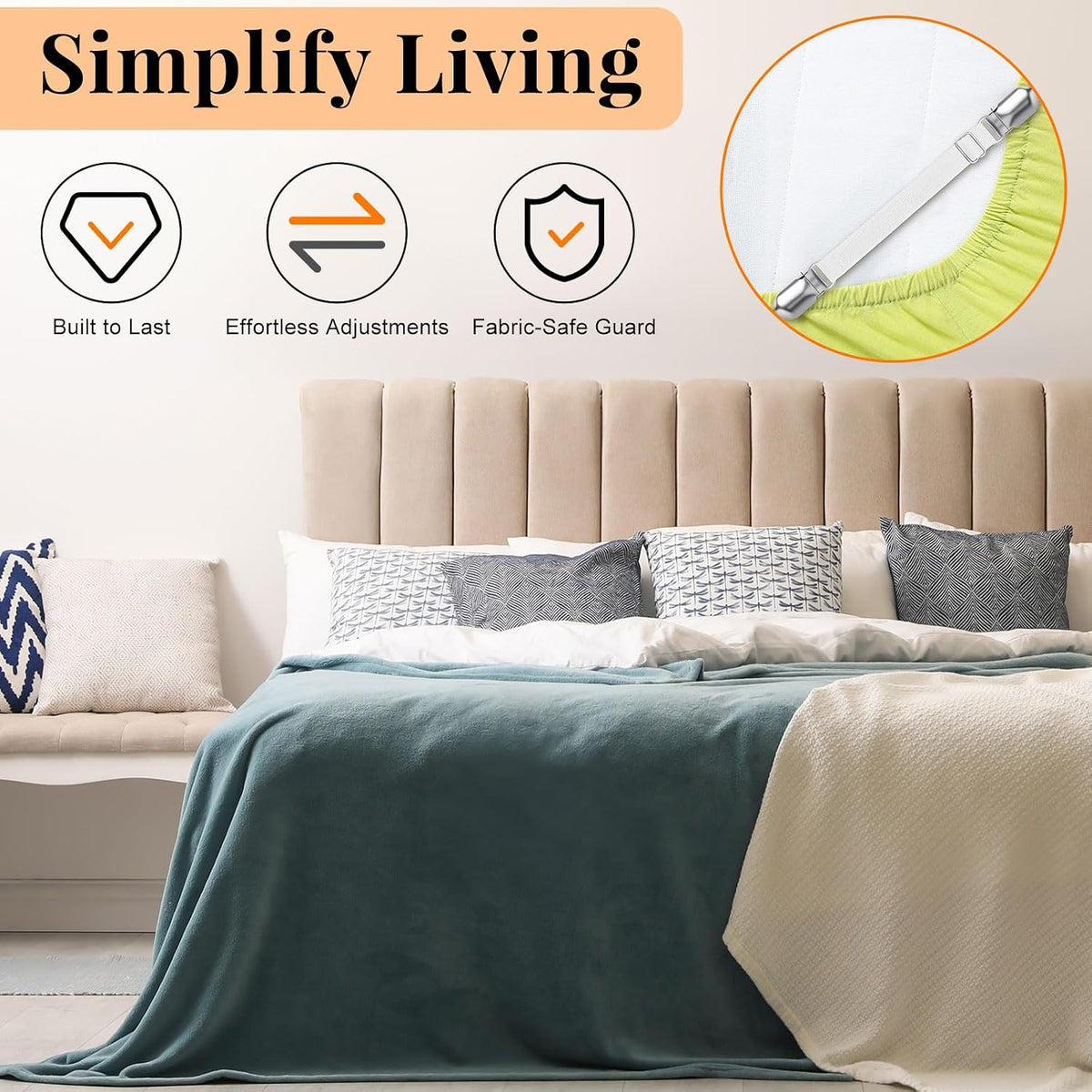 Boao 24 Pcs Bed Sheet Straps Heavy Duty Adjustable Elastic Fasteners Fitted Bed Holder Mattress Corner Sheet Fasteners Clips for Home Room Couch Supplies(White)