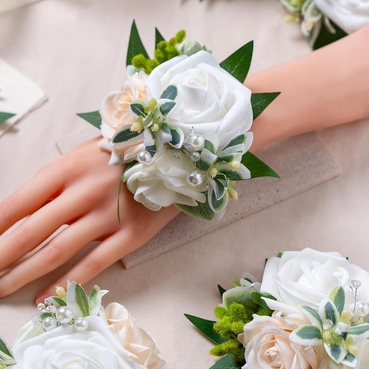 White Wrist Corsages, Set of 6,Faux Flowers for Women Wedding