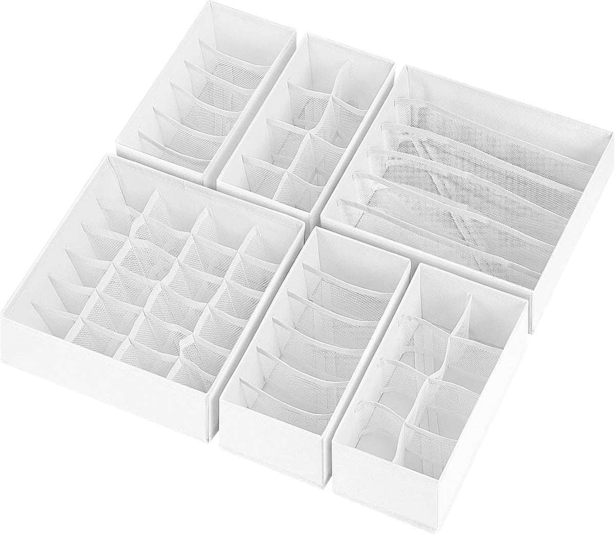 6 Pack Sock Underwear Drawer Organizer Dividers, 58 Cell Foldable Fabric Dresser Closet Organizers and Storage Bins for Clothing, Baby Clothes, Bra, Panty, Scarf, Ties (White)