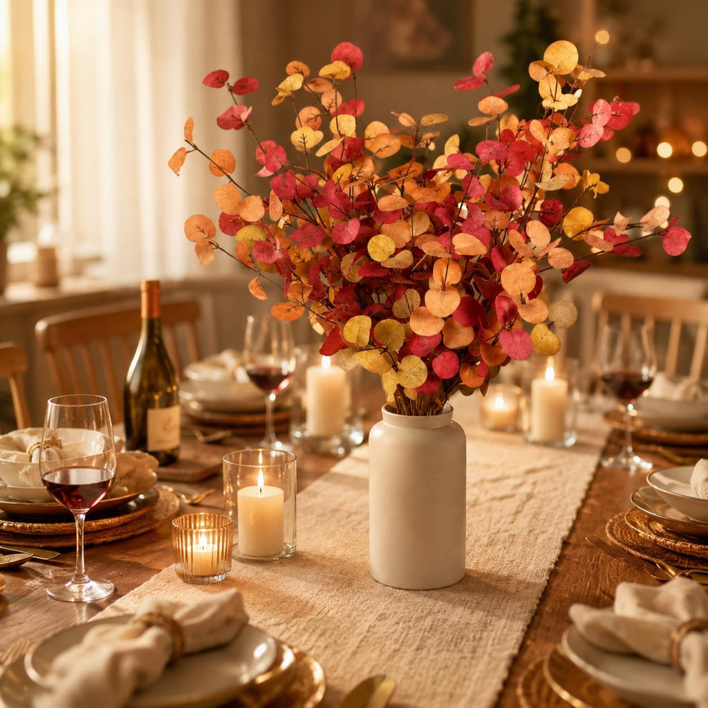 6pcs Eucalyptus Stems Fake Orange Red Autumn Leaves Artificial Silk Flowers Fall Decor Bouquet Faux Branches Centerpiece Flores Plants for Home Party Decor Wedding Decoration