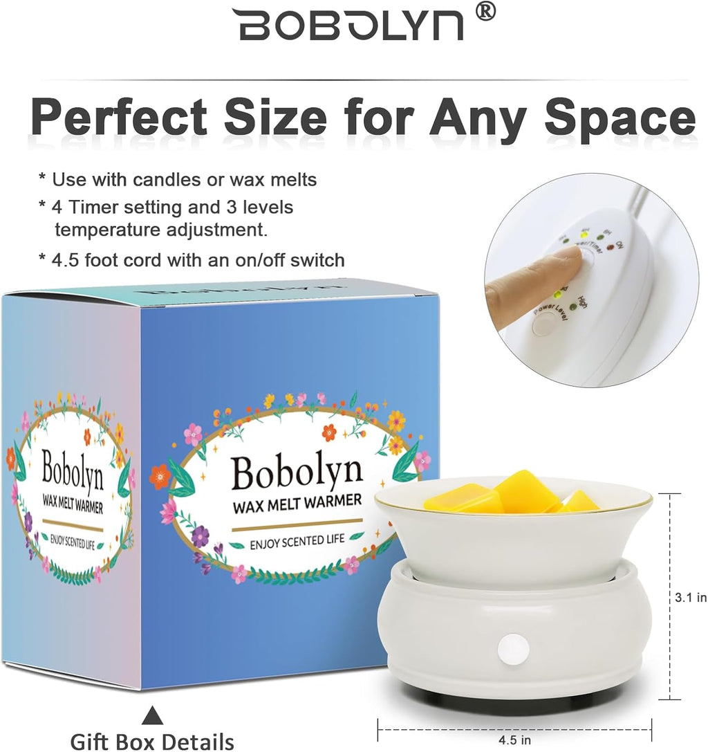 Bobolyn Wax Melter Candle Warmer with Timer - Ceramic Electric Scented Wax Melts Warmer 4-in-1 Candle Burner Melter Timer Adjust Fragrance Intensity Auto Shut Off for Home Office Bedroom Gift & Decor