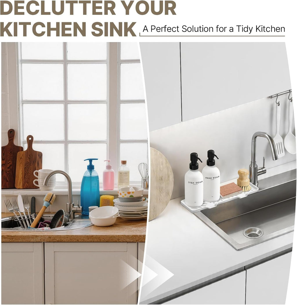 Kitchen Soap Dispenser Set with Self Draining Silicone Tray, Sponge, Brush