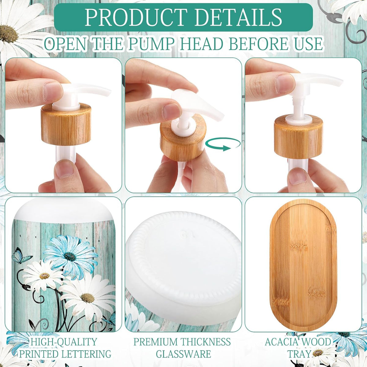 Potchen 2 Pack Glass Soap Dispenser Set Bathroom Decor Housewarming Gift Glass Soap Dispenser with Pump Wood Tray Home Decoration for Kitchen Bathroom (Teal Daisy)