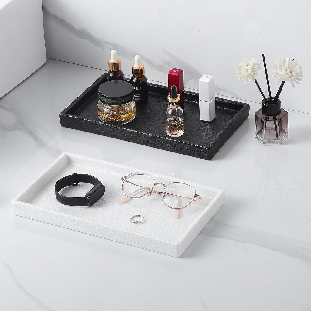 Bathroom Vanity Tray - 11'' Ceramic Rough-Textured Rectangle Countertop Tray, Heavy-Duty Organizer Plate for Perfume, Jewelry, Candles, Soap Dispenser, Kitchen Decorative Stone Trays, Black