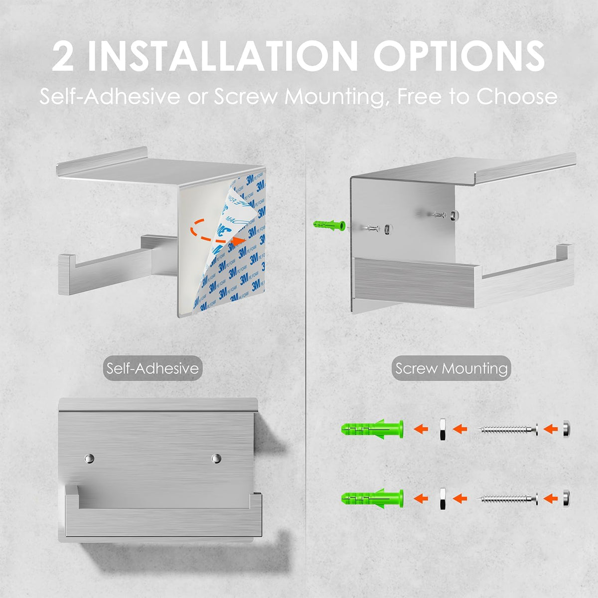 Auxmir Toilet Paper Holder with Shelf, Self Adhesive or Screw Mount, Silver