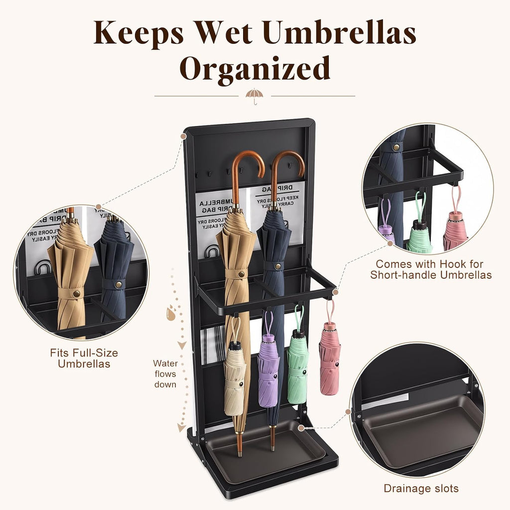 Wet Umbrella Stand with Bag Holder, Entryway Organizer with Drip Tray