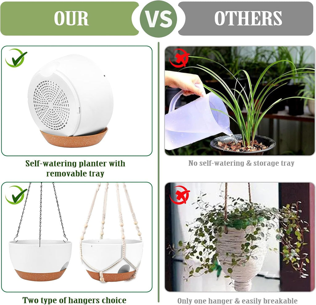 10 Inch Self Watering Hanging Planters with Metal Chain & Macrame Hangers