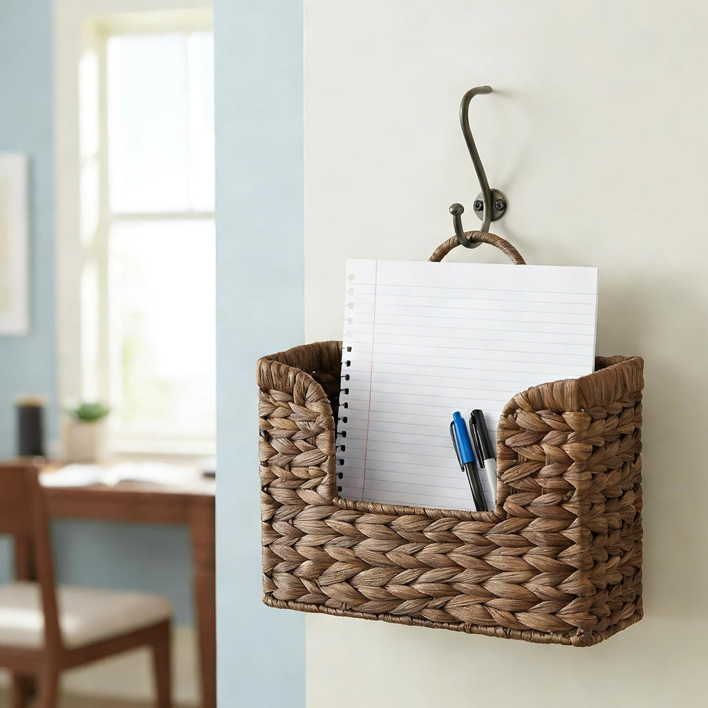 Set of 2 Magazine Holder Wall Basket Water Hyacinth Woven Mail Organizer, Wicker Wall Hanging Baskets for Magazines, Letters & Storage Decorative Mail Holder, Magazine Rack, Hanging Basket, Coffee