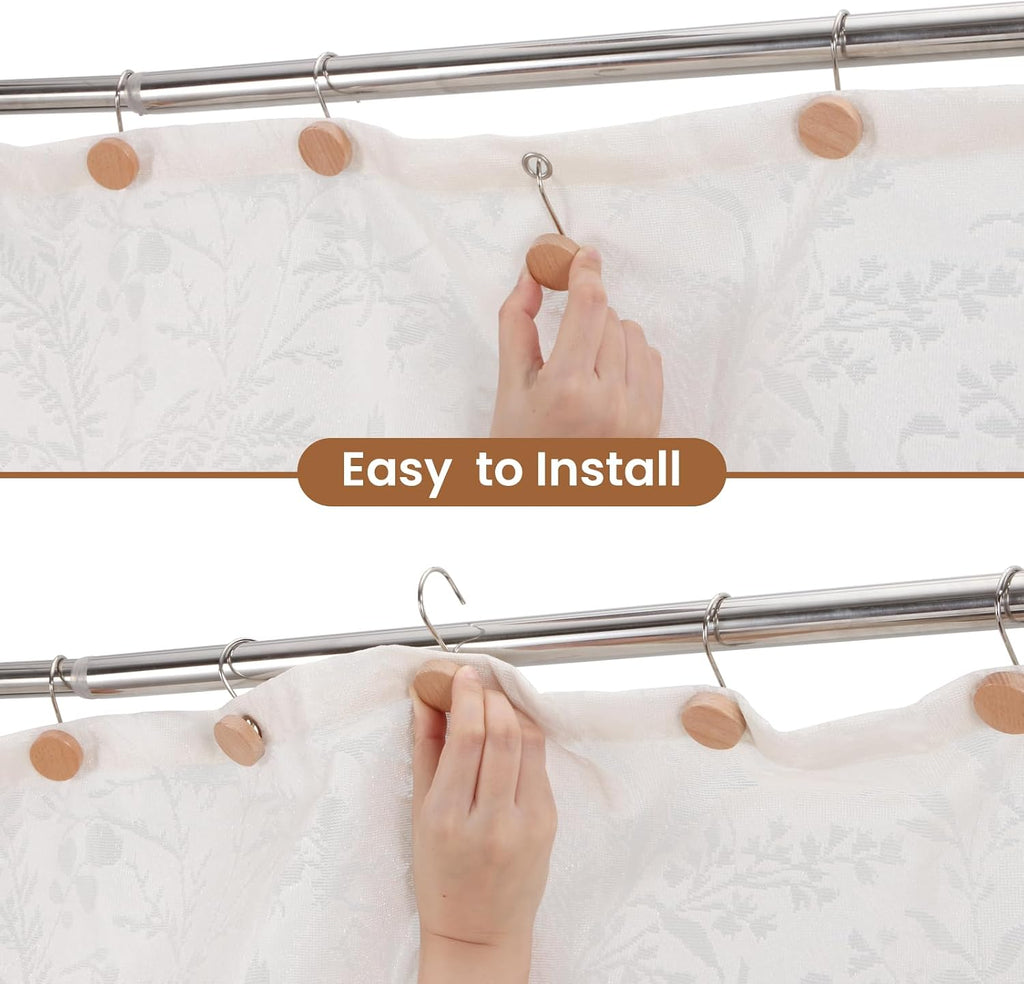 Wood Shower Curtain Hooks Rust Proof, Boho Shower Curtain Hooks Decorative, 24 Pack Shower Hooks for Shower Curtain, Shower Curtain Hangers Hooks (Wood,24)