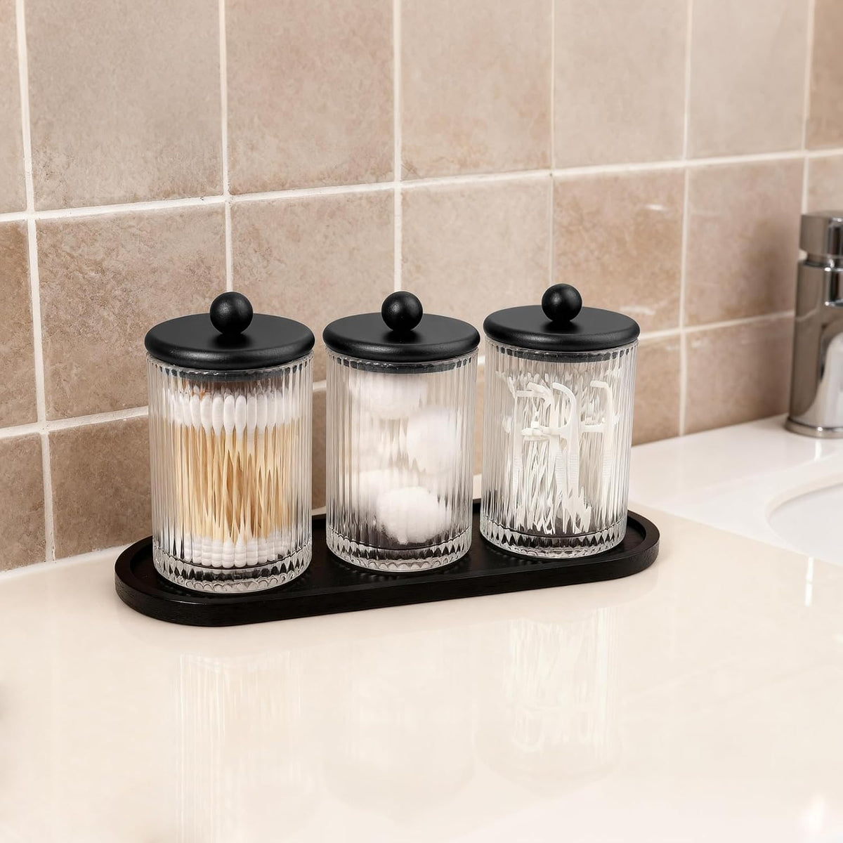 SheeChung 3 Pack Ribbed Glass Qtip Holder with Bamboo Tray & Metal Lids
