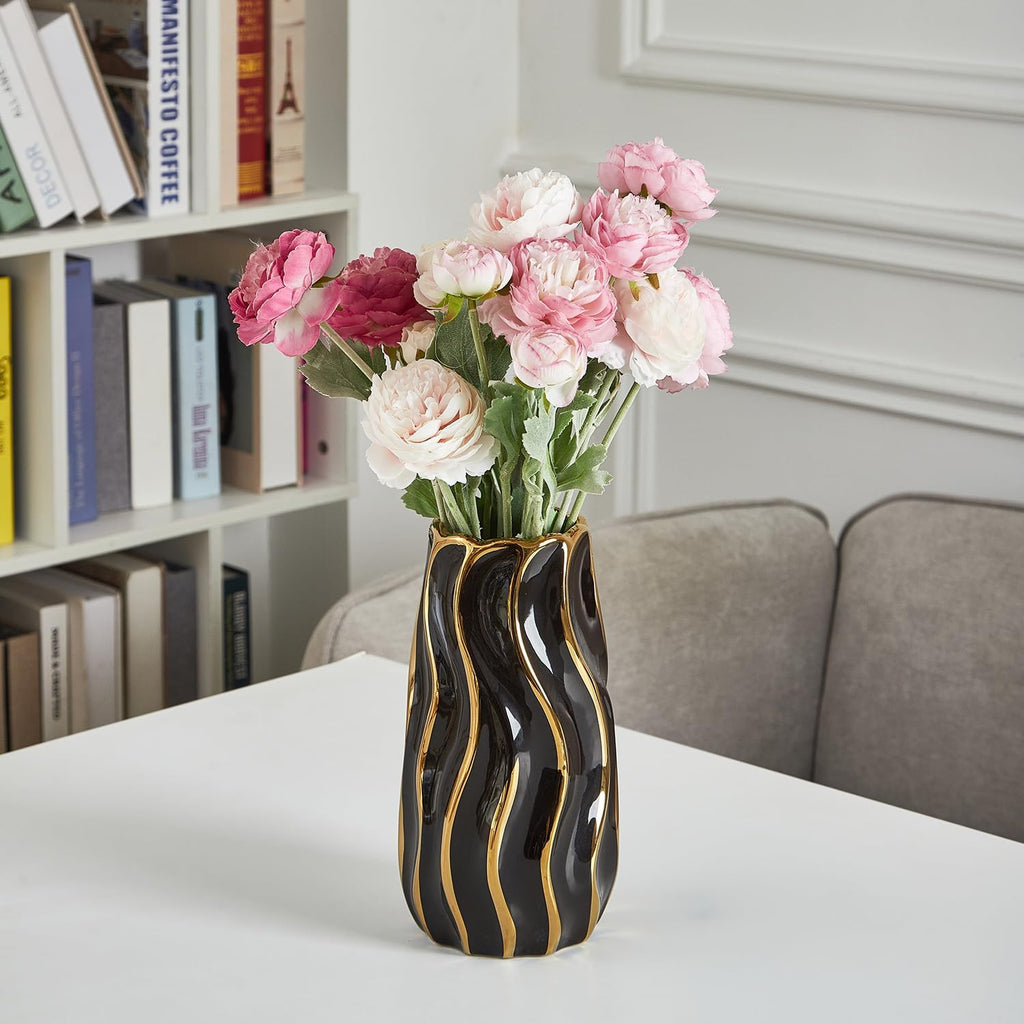 Black Ceramic Vase for Home Decor, Vertical Stripe Decorative Flower Vase for Bedroom, Office, Living Room, Bathroom, Tabletop Decor
