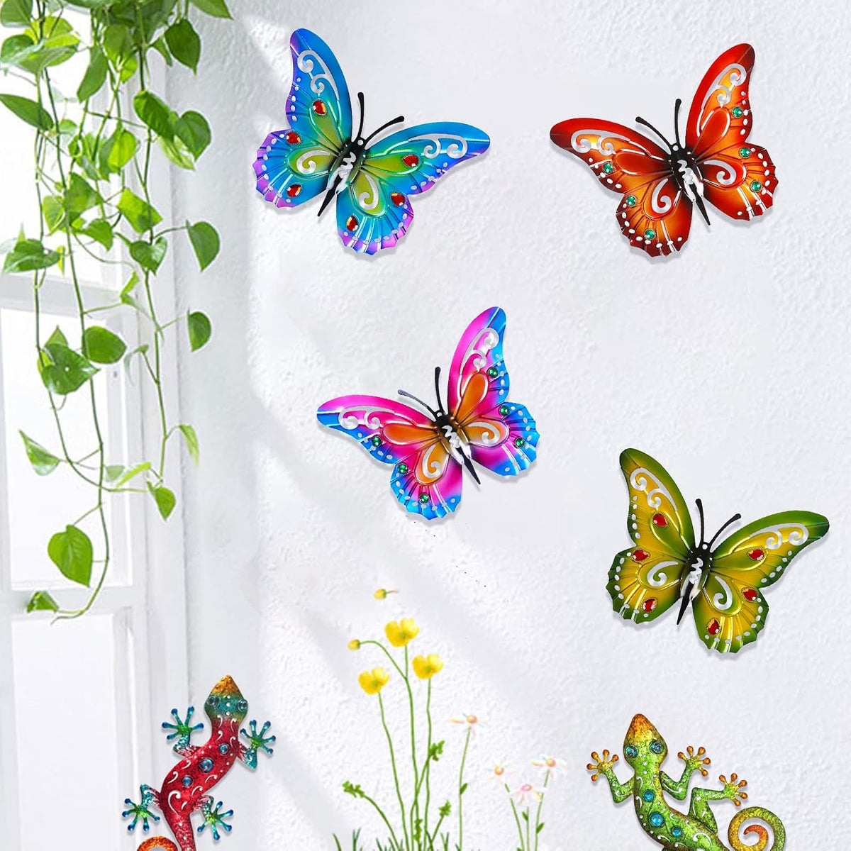 Akulgaci 2 Pack Butterfly Decorations, 14.5" Large Metal Butterflies Fence Garden Yard Art Wall Decor for Outdoor Patio Balcony Tree Front Porch, Vibrant Colors Purple Green