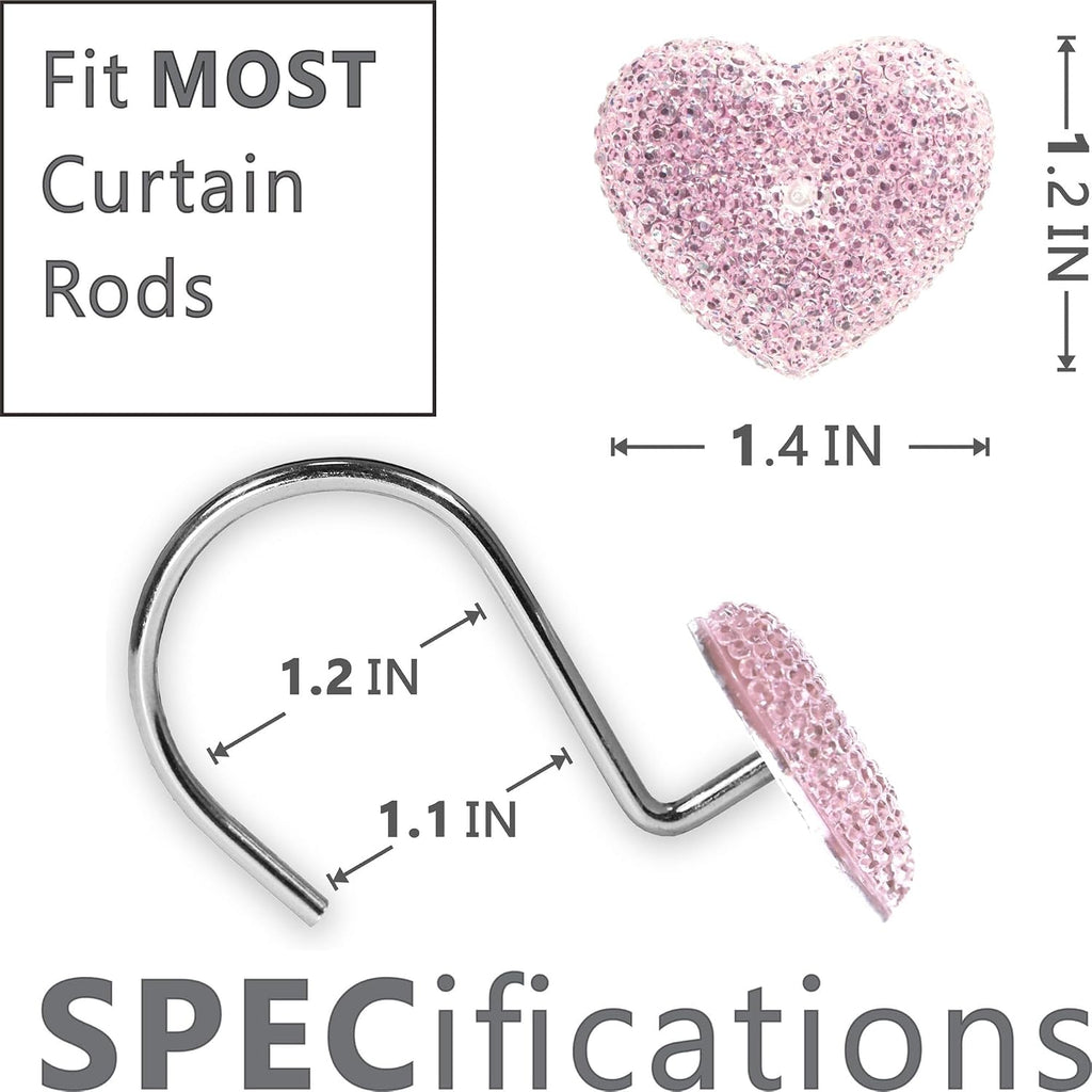 Pink Bling Shower Curtain Hooks: Cute Heart Bathroom Curtain Rings, 12Pcs