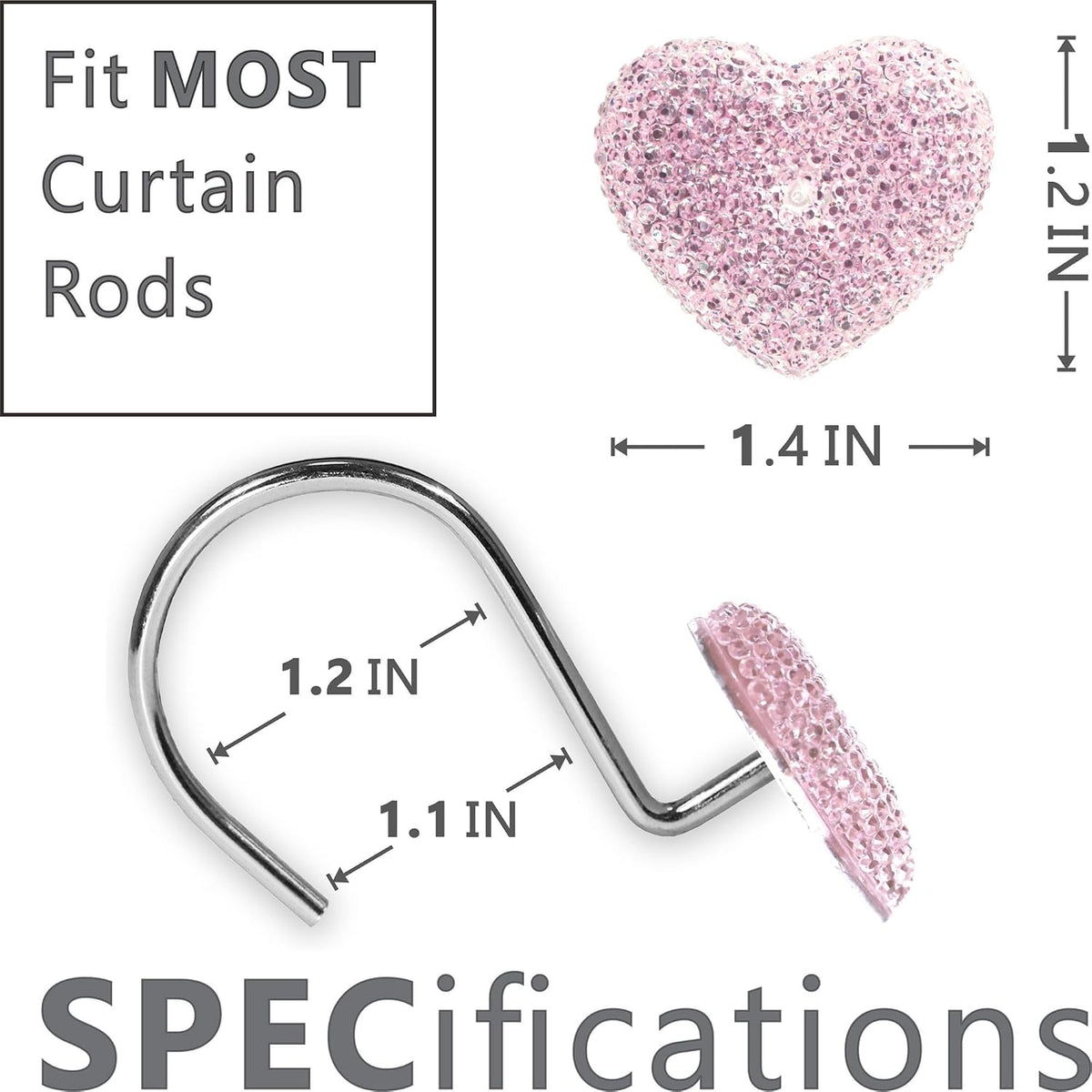 Pink Bling Shower Curtain Hooks: Cute Heart Bathroom Curtain Rings, 12Pcs