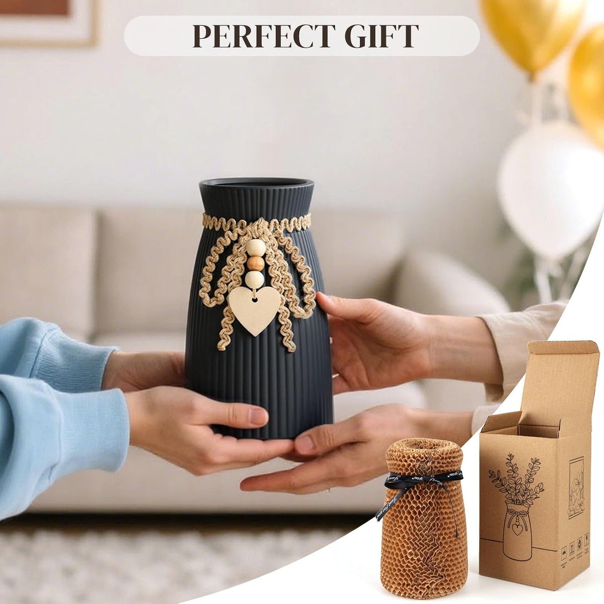 DomeStar Black Ceramic Vase, 6.3" Tall Flower Vase for Pampas Grass